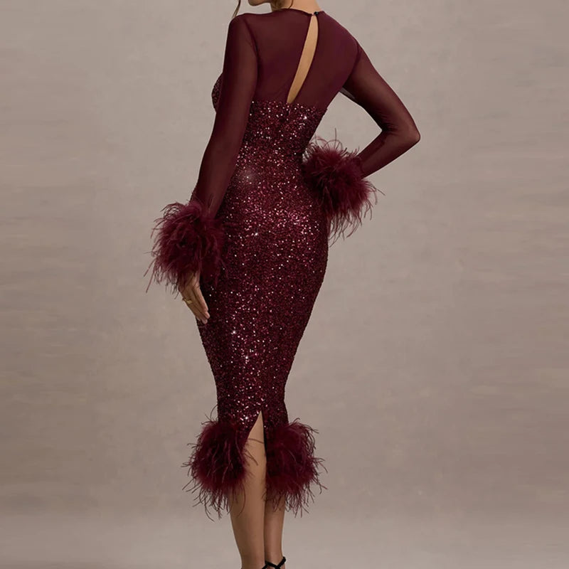 Feather Patchwork Mesh Party Dress – Elegant Slim A-Line Backless Maxi Dress for Women