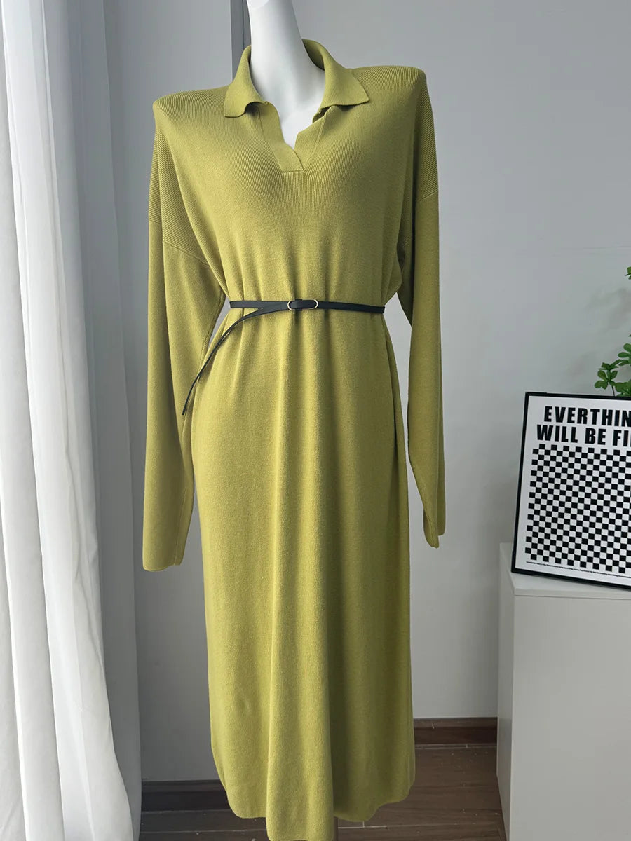 2026 Long Sleeve Polo-Neck Knit Sweater Dress – Soft Loose Fit Mid-Calf Winter Dress for Women | Hirsionsan