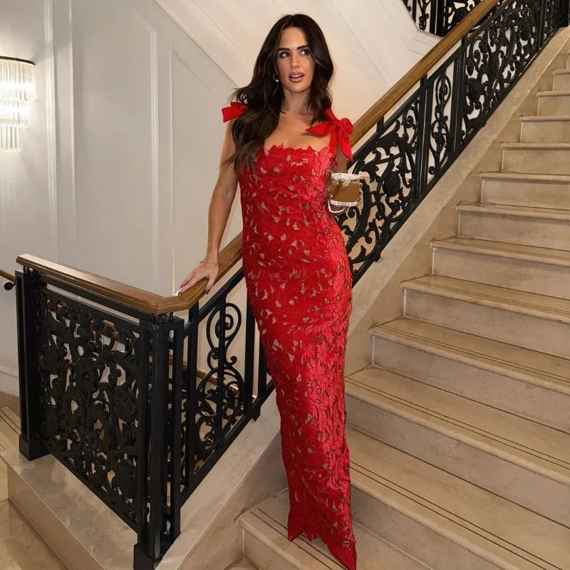 Elegant Red Bow Maxi Dress – Sexy Floral Spaghetti Strap Christmas & Evening Party Dress for Women