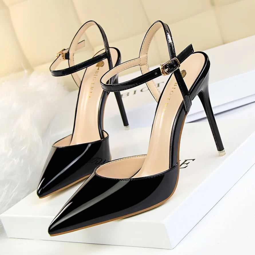 Metallic Patent High Heel Shoes – Ankle Strap Pointed Toe Sandals