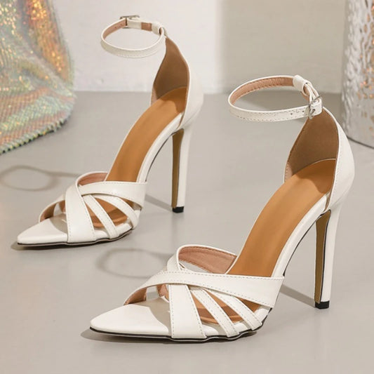 Sexy Fine Heel Sandals Women Ankle Strap Pointed Toe Pumps Concise Office Dress Shoes White Narrow Band Elegant High Heels Women