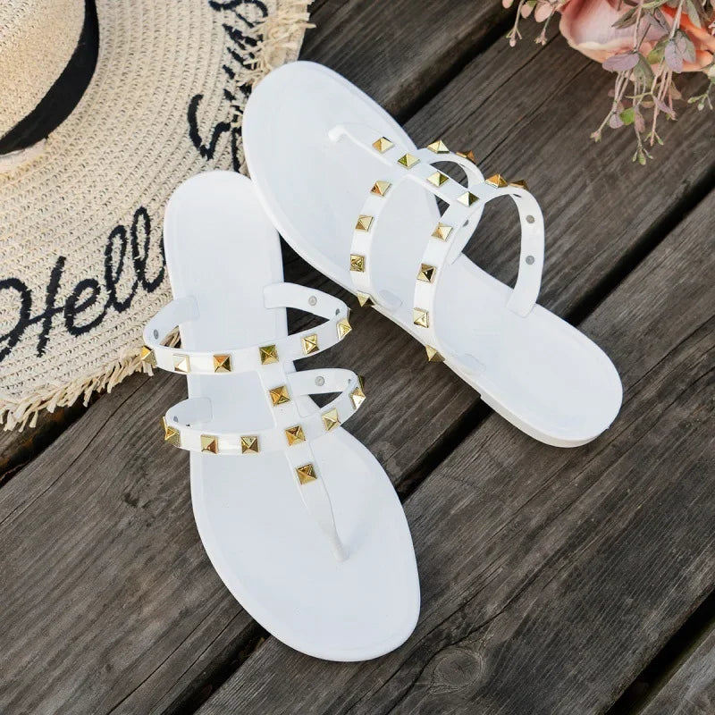 Summer New Women's Flat Bottom Sandals Rivet Jelly Beach Shoes Anti-Slip Holiday Slippers Fashionable PVC Upgraded Version