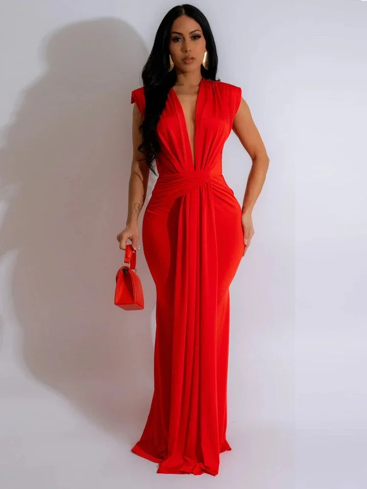 Elegant Ruched V-Neck Maxi Dress — High Stretch Evening Perfection