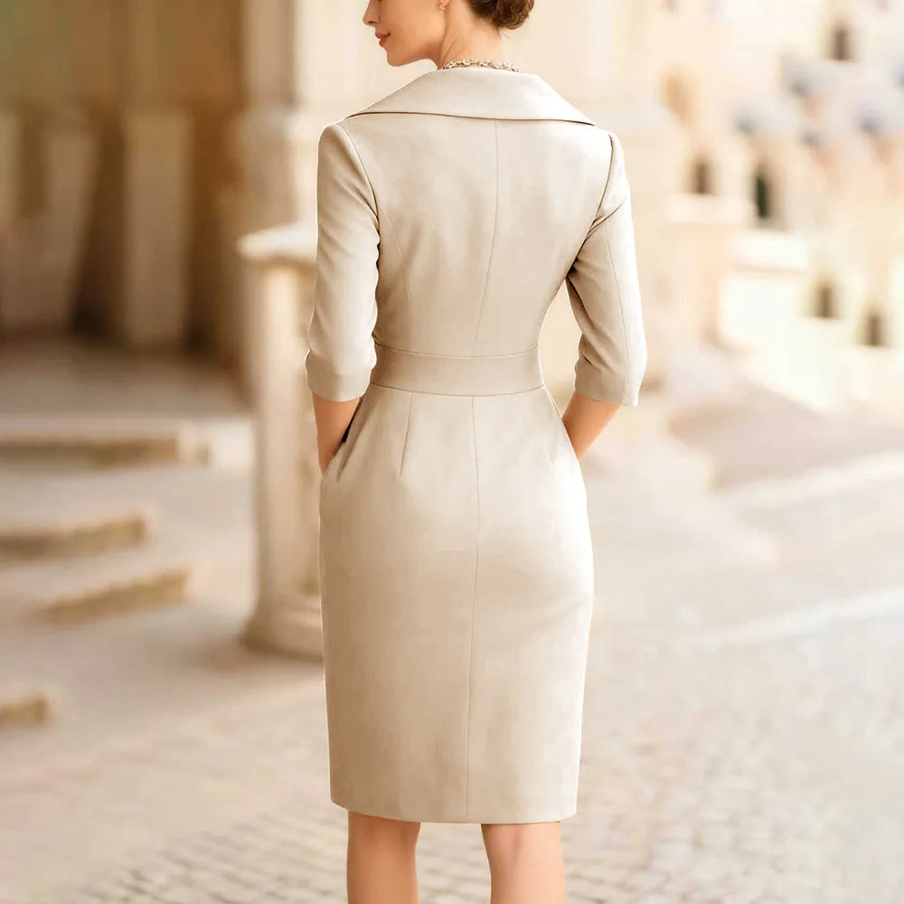 Elegant Lapel Slim Midi Dress – Office Lady Casual A-Line Dress with 3/4 Sleeves for Women