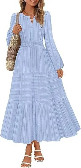 Elegant Princess V-Neck Dress – Slim Fit Long Sleeve Mid-Calf Gown for Women