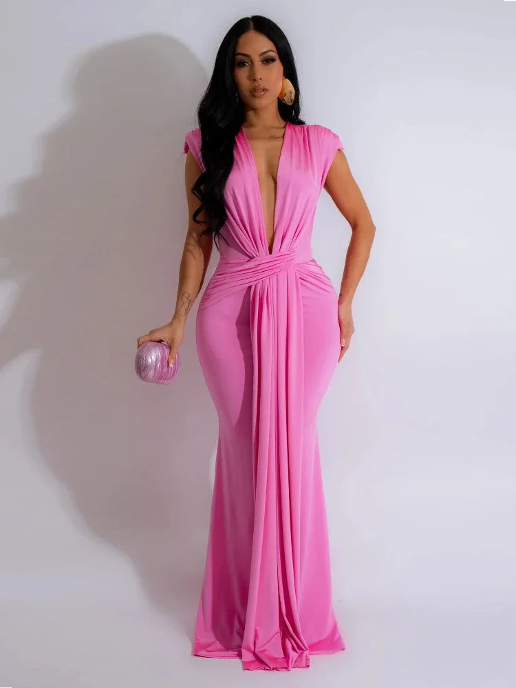 Elegant Ruched V-Neck Maxi Dress — High Stretch Evening Perfection