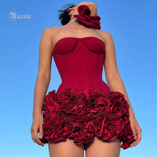 2026 Strapless Red Mini Dress – Structured Floral Embellished Backless Bodycon Cocktail Dress | Celebrity Party Style