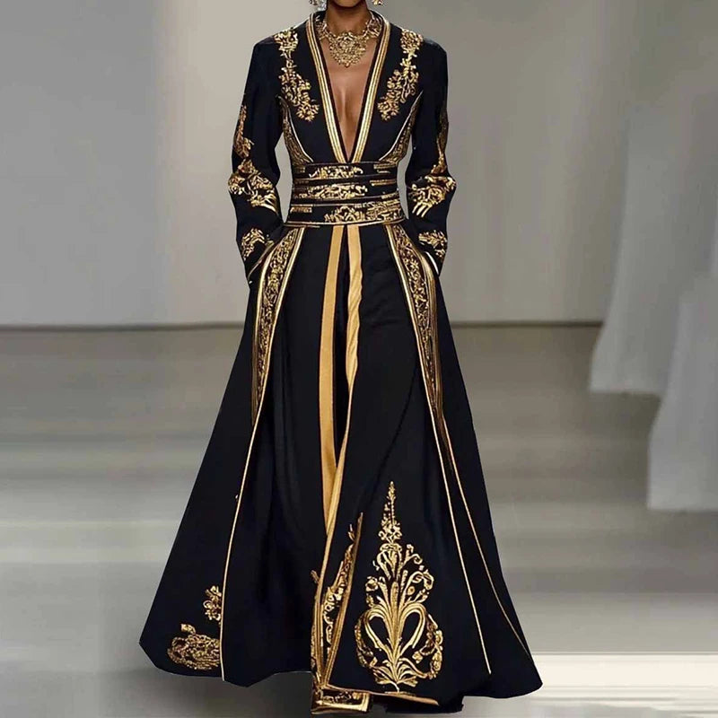 Retro Patchwork V-Neck Maxi Dress – Timeless Autumn Style with Modern Comfort