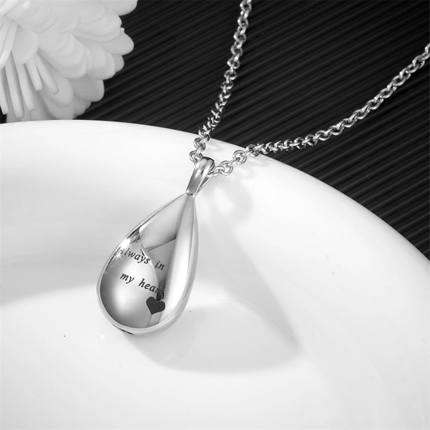 “Always in My Heart” Teardrop Ashes Necklace – Stainless Steel Cremation Urn Pendant Memorial Keepsake