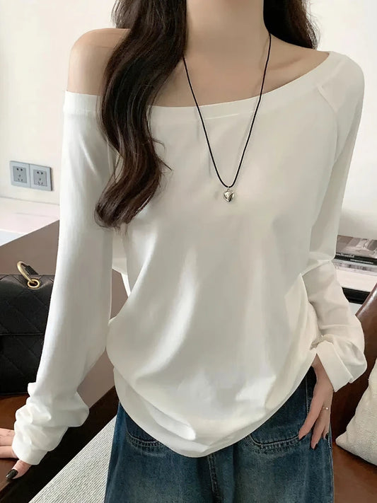 Oversized Off-Shoulder Long Sleeve T-Shirt – Casual Solid Colour Loose Fit Top for Women