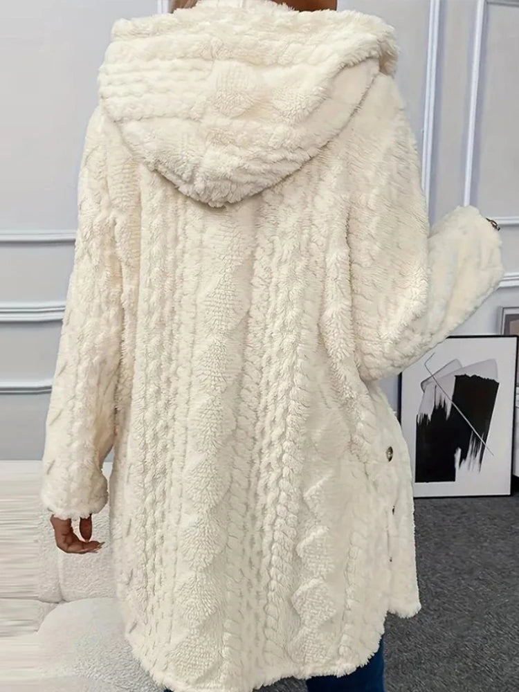 Thick Plush Hooded Cardigan for Women – Warm Single-Breasted Long Sleeve Winter Sweater Coat