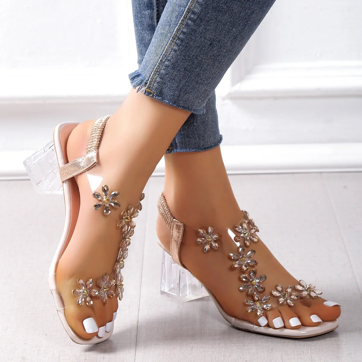 Crystal Flower Chunky Heel Sandals for Women – PVC Back Strap Square Toe Dress Sandals