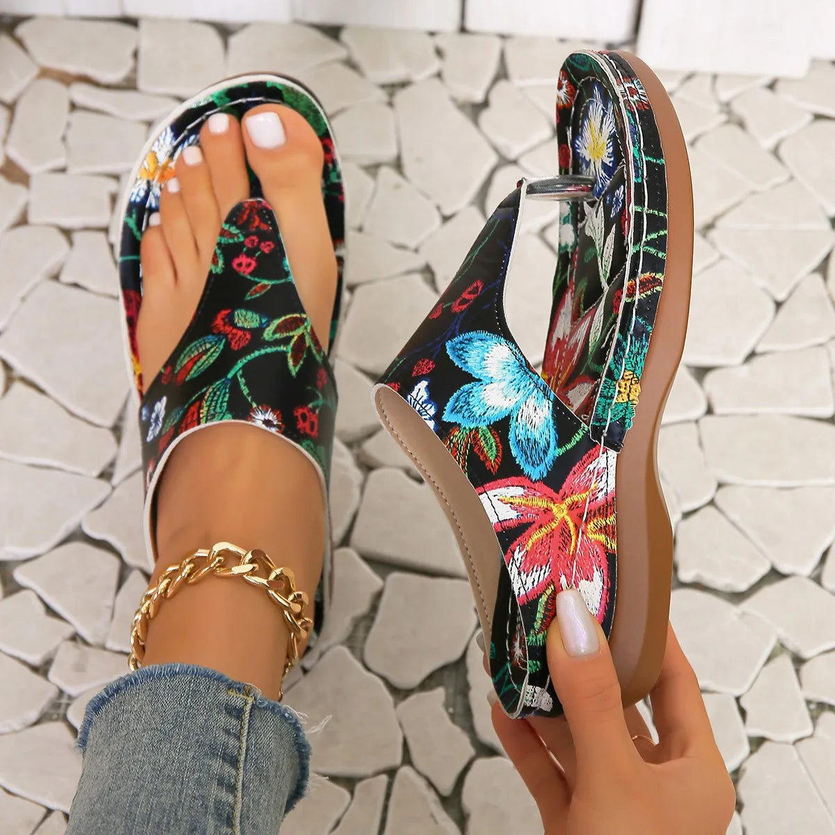 New Floral Thick Heel Sandals - Open Toes - Women's Shoes