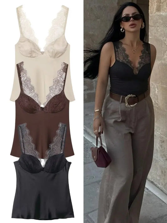 Elegant Women Lace Satin Vest Tops