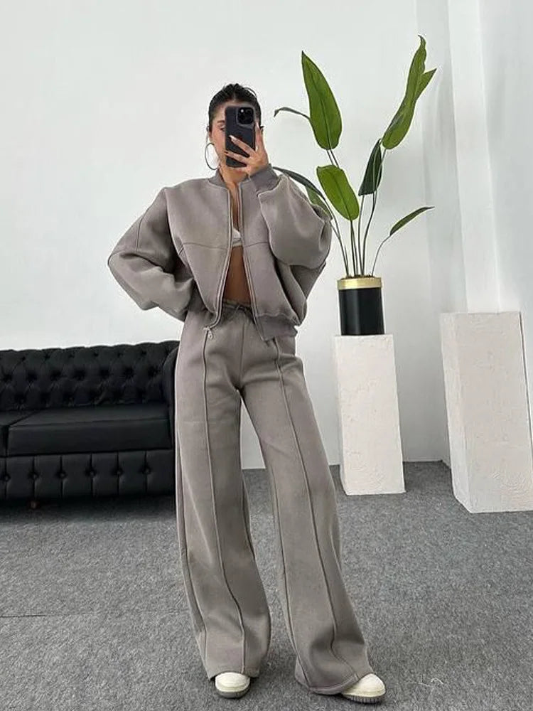 Casual Two-Piece Pants Suit – Zip-Up Cardigan Jacket & Wide-Leg Trousers Streetwear Set for Women