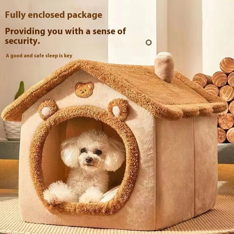 All-Season Dog House Bed – Warm Coral Fleece Pet House for Small Dogs & Teddy Breeds | Removable & Washable