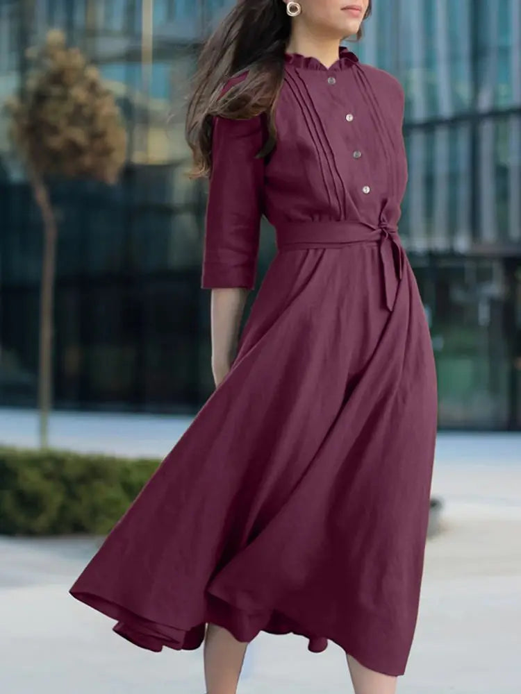 Elegant Button-Up Midi Dress – Casual 3/4 Sleeve A-Line Office & Work Dress for Women
