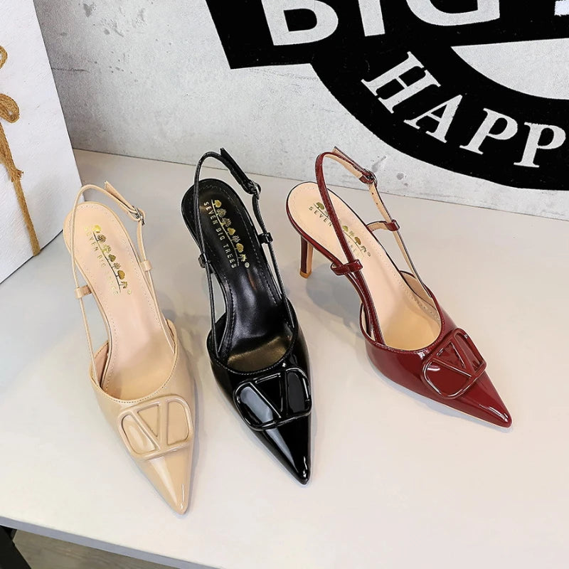 Elegant Patent Leather Pointed Toe Heels for Women – V-Shape Buckle Thin High Heel Pumps