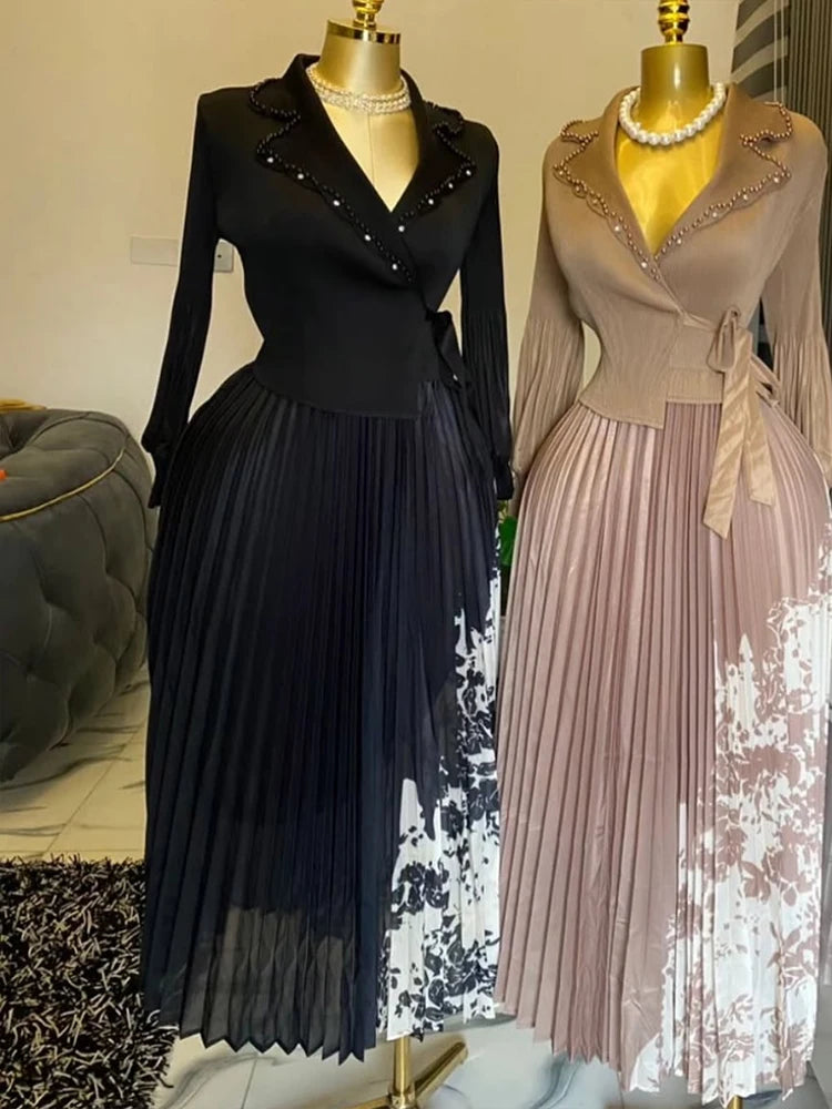 2026 Pleated A-Line Midi Dress – Elegant Suit Collar Waist-Cinching Miyake Style Women’s Dress | Spring Office Chic