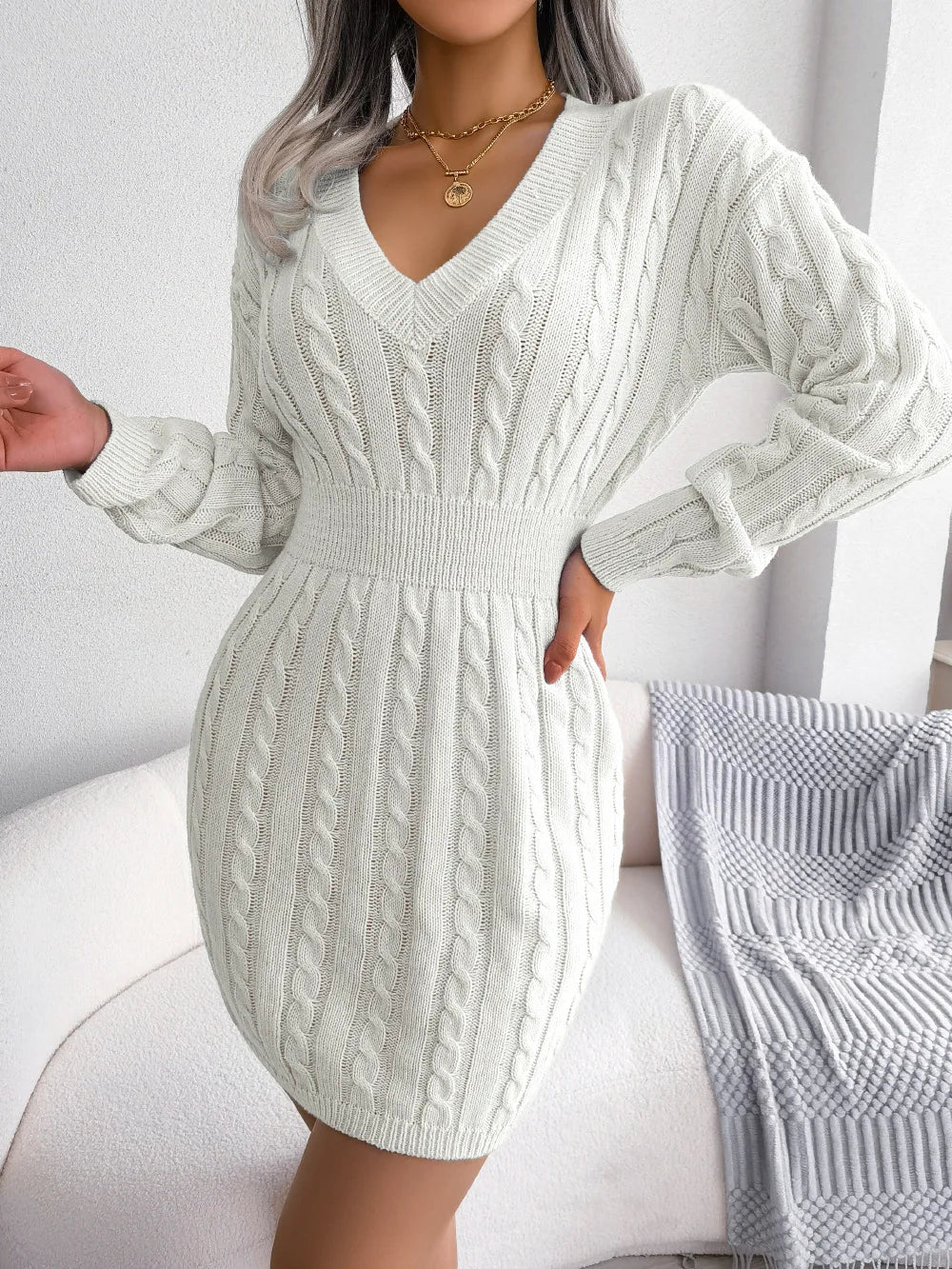 2026 V-Neck Bodycon Knit Dress – Long Sleeve Slim A-Line Autumn Winter Maxi Dress for Women