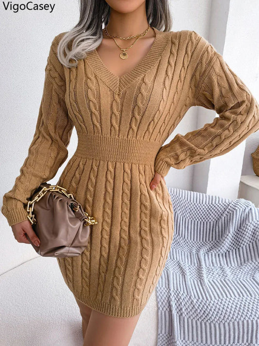 2026 V-Neck Bodycon Knit Dress – Long Sleeve Slim A-Line Autumn Winter Maxi Dress for Women