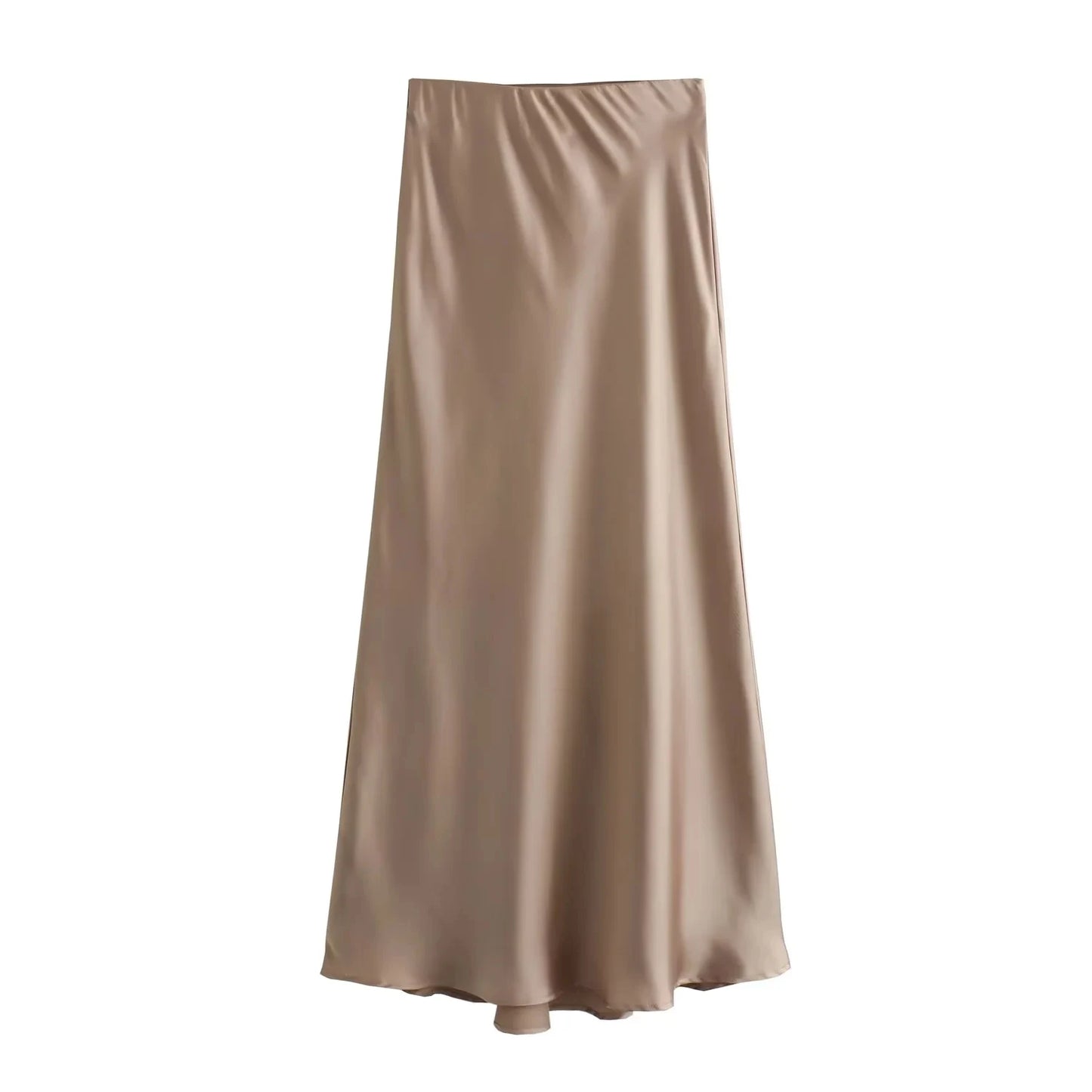 Vintage Satin Solid Long Skirts - Women High Waist Satin