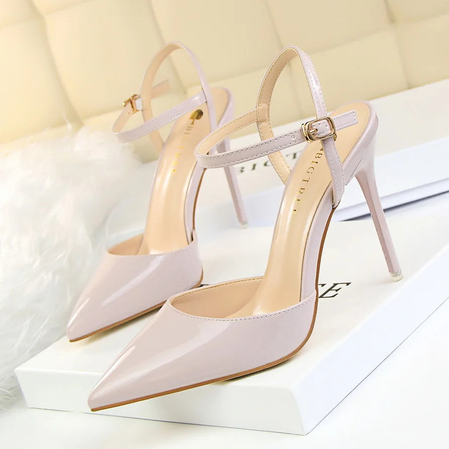 Metallic Patent High Heel Shoes – Ankle Strap Pointed Toe Sandals