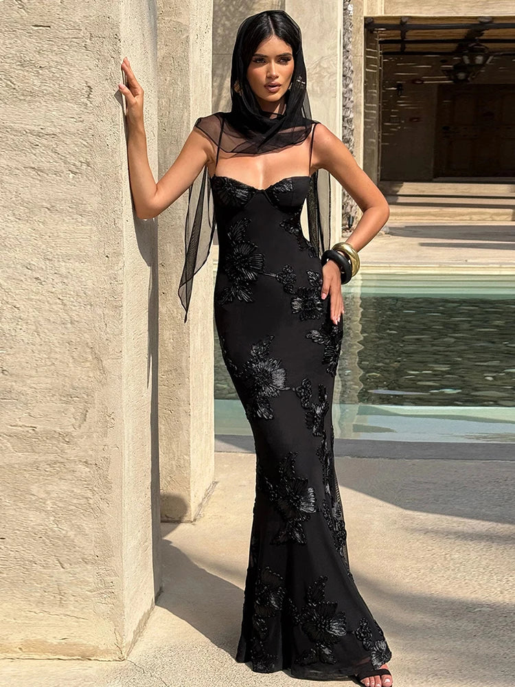 Floral Embroidered Backless Maxi Dress – Sexy V-Neck Cross-Bandage Slim Summer Dress for Women