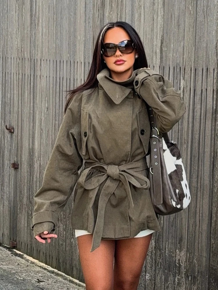 Casual High-Neck Jacket – Loose Fit Long Sleeve Street Style Coat with Pockets for Women