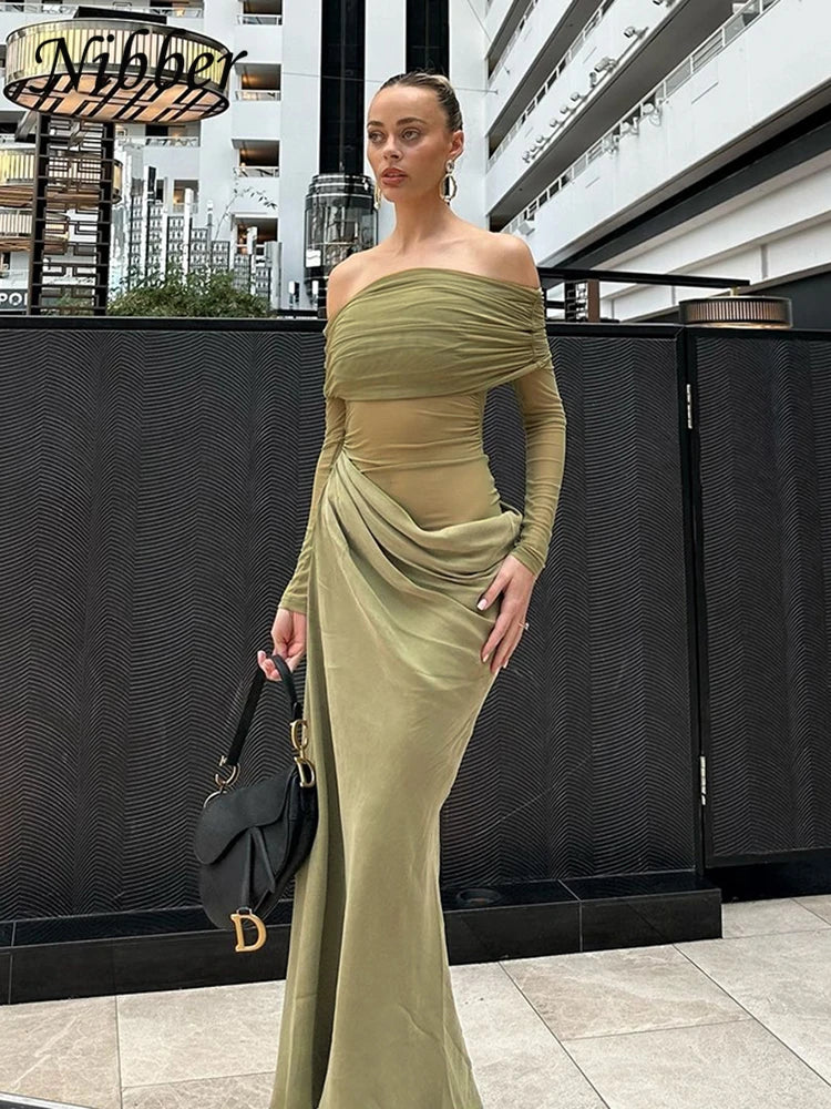 Sexy Mesh Patchwork Maxi Dress – Elegant Slash Neck Ruched Bodycon Party & Festival Dress for Women