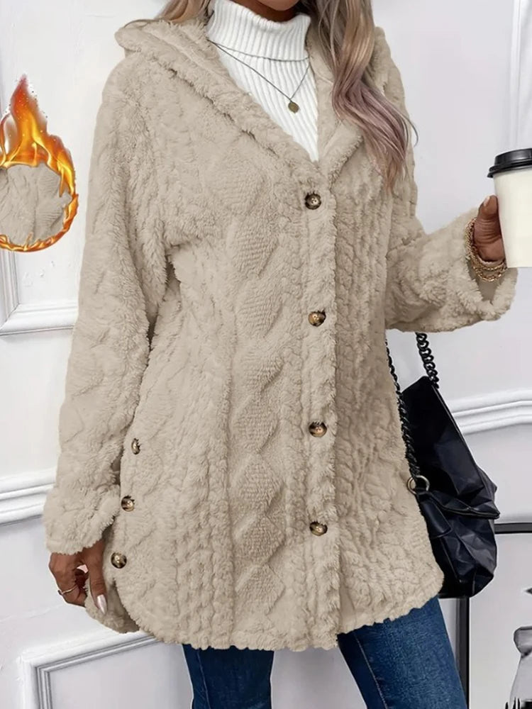 Thick Plush Hooded Cardigan for Women – Warm Single-Breasted Long Sleeve Winter Sweater Coat