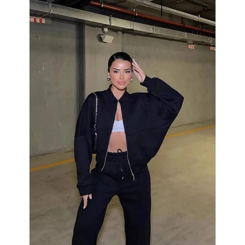 Casual Two-Piece Pants Suit – Zip-Up Cardigan Jacket & Wide-Leg Trousers Streetwear Set for Women