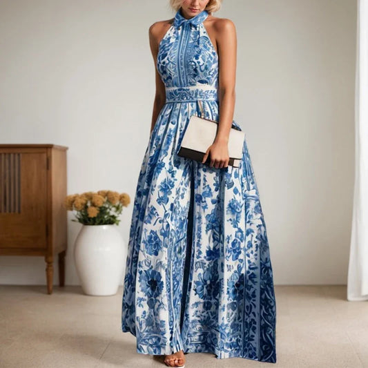 2026 Elegant Blue Geometric Maxi Dress – Vintage Floral Print Lapel A-Line Summer Gown for Women | Classic Party Dress