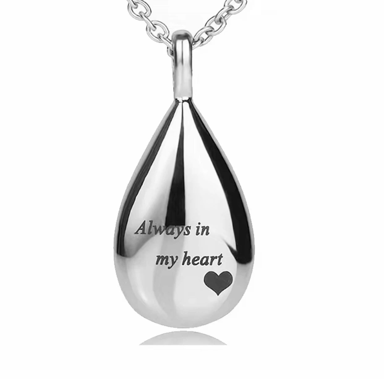 “Always in My Heart” Teardrop Ashes Necklace – Stainless Steel Cremation Urn Pendant Memorial Keepsake