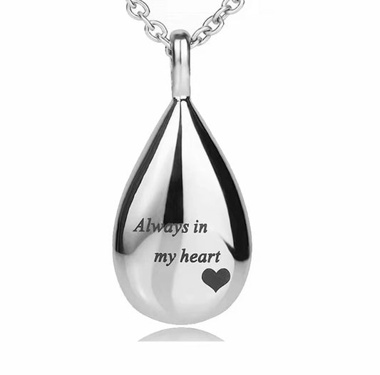 “Always in My Heart” Teardrop Ashes Necklace – Stainless Steel Cremation Urn Pendant Memorial Keepsake