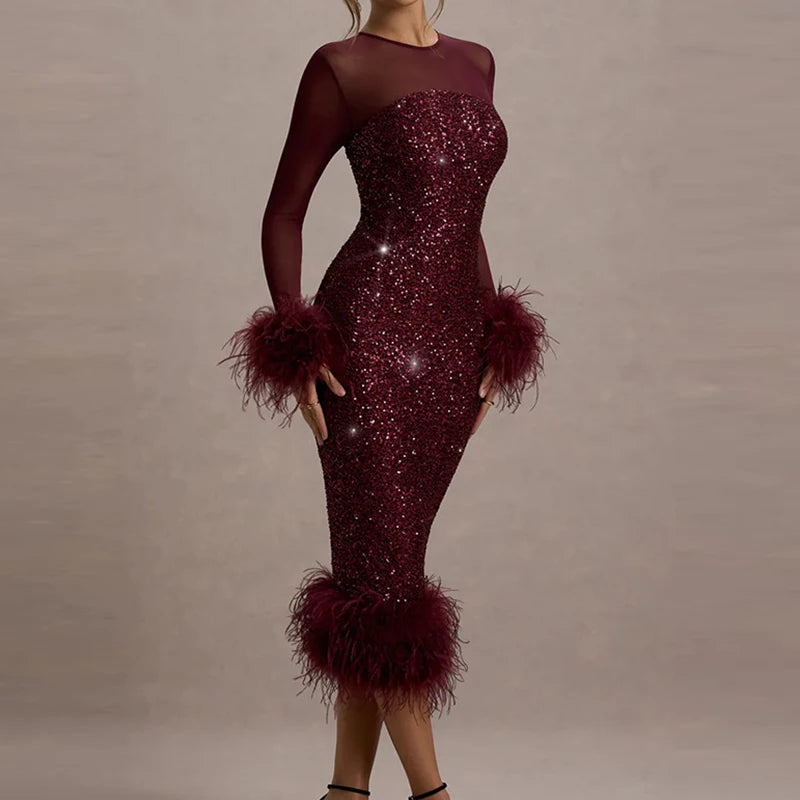 Feather Patchwork Mesh Party Dress – Elegant Slim A-Line Backless Maxi Dress for Women