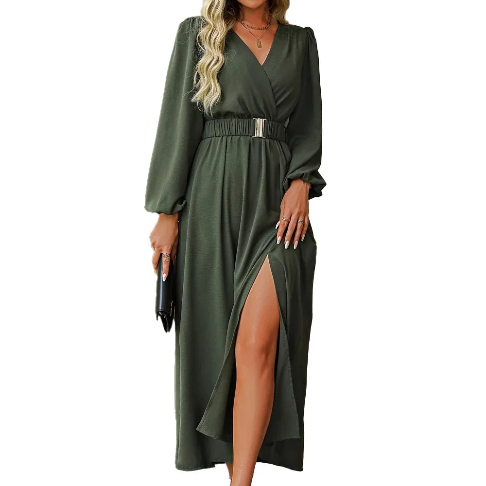 Plus Size V-Neck Maxi Dress – Long Sleeve Split A-Line Dress