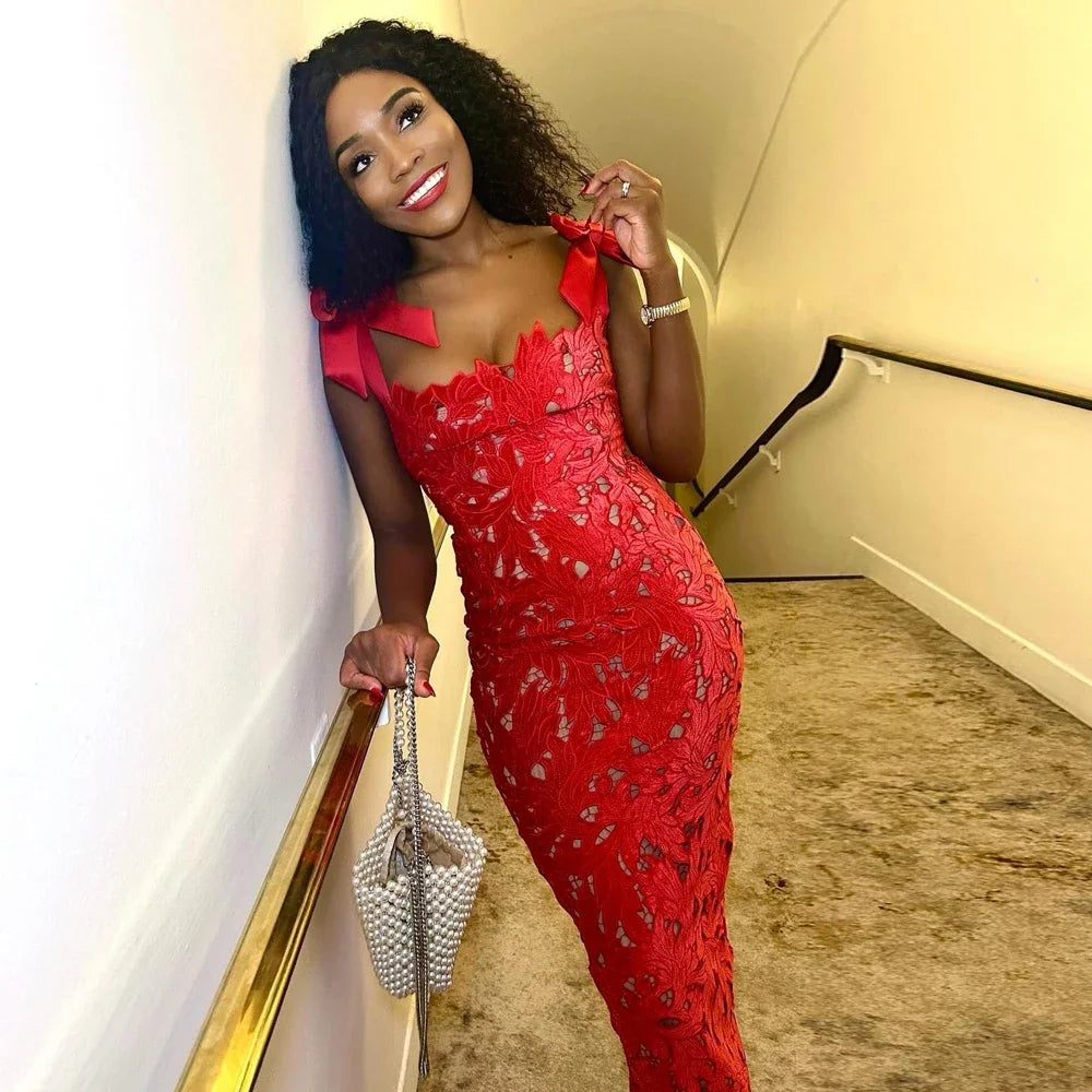 Elegant Red Bow Maxi Dress – Sexy Floral Spaghetti Strap Christmas & Evening Party Dress for Women