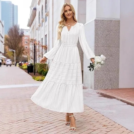 Elegant Princess V-Neck Dress – Slim Fit Long Sleeve Mid-Calf Gown for Women