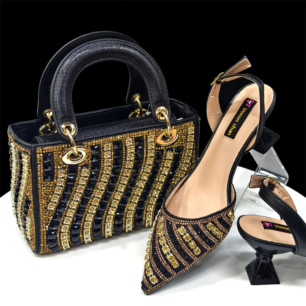 Rhinestone Pointed Toe Women’s High Heel Shoes & Matching Bag Set