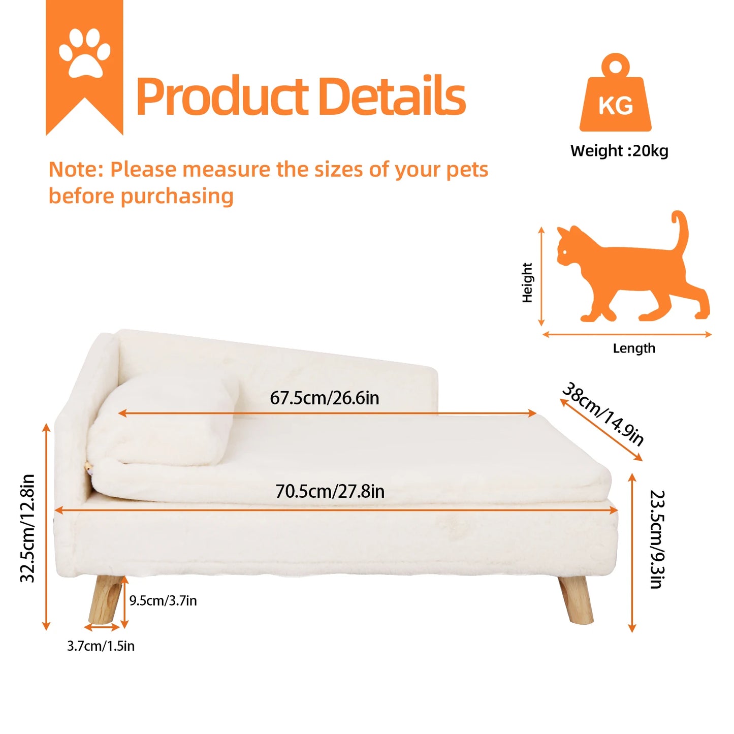 Elevated Pet Bed with Cozy Waterproof Pad – Small Dog & Kitten Sofa Bed with Wooden Legs