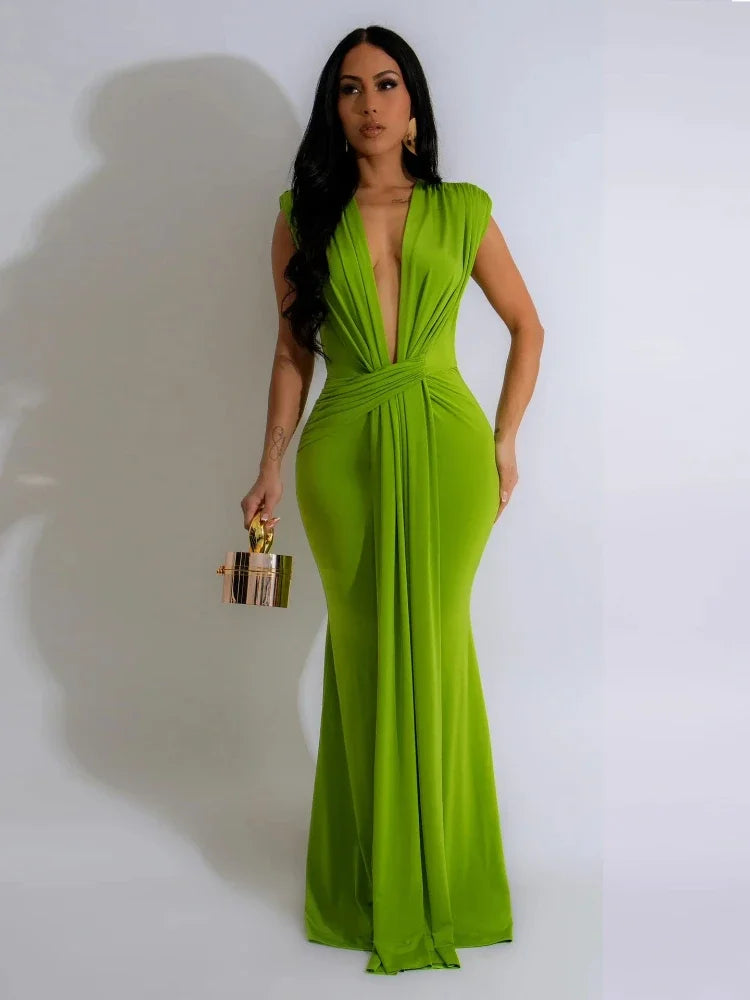 Elegant Ruched V-Neck Maxi Dress — High Stretch Evening Perfection