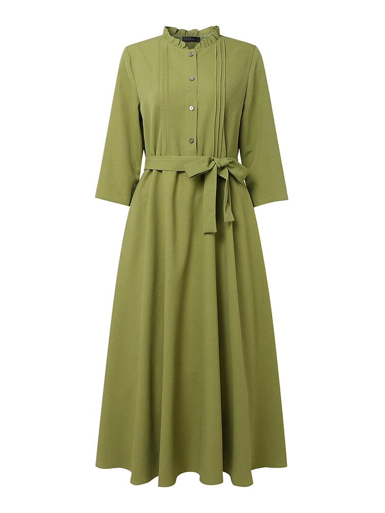 Elegant Button-Up Midi Dress – Casual 3/4 Sleeve A-Line Office & Work Dress for Women