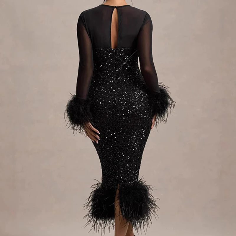 Feather Patchwork Mesh Party Dress – Elegant Slim A-Line Backless Maxi Dress for Women