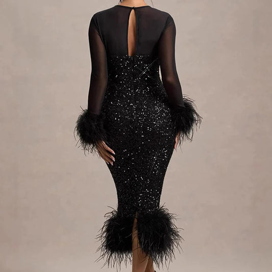 Feather Patchwork Mesh Party Dress – Elegant Slim A-Line Backless Maxi Dress for Women