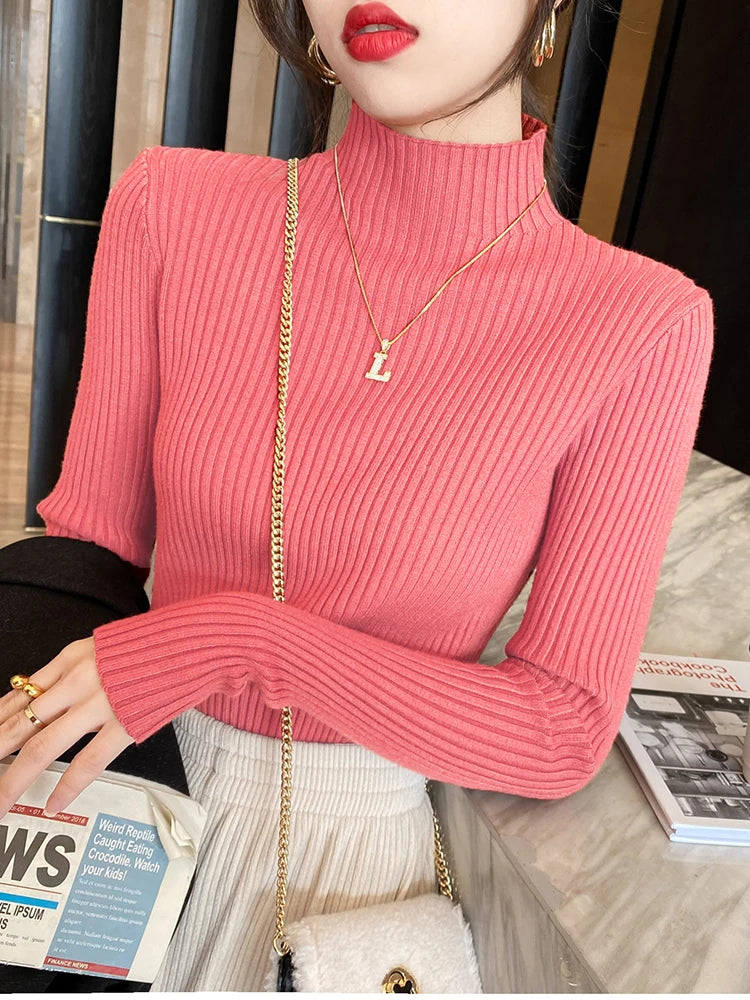 Elegant Slim Turtleneck Knit Top – Women’s Long Sleeve Basic Pullover | Korean Chic Winter Sweater
