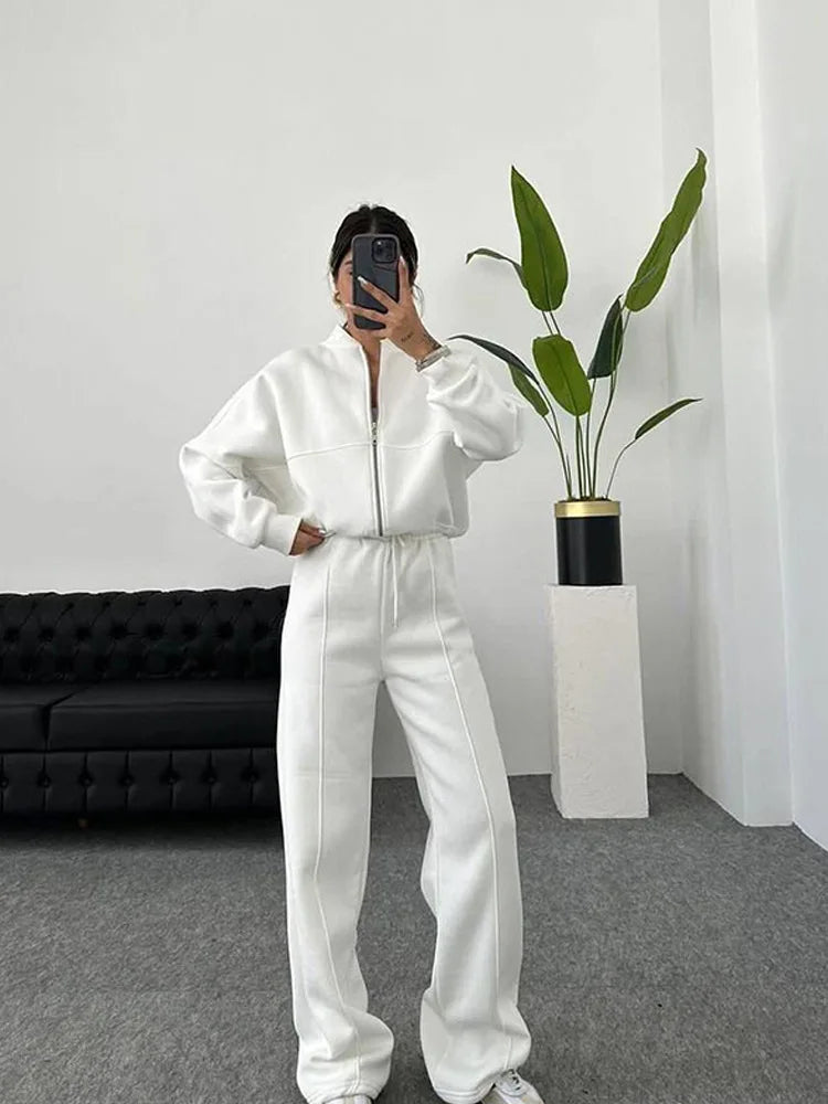 Casual Two-Piece Pants Suit – Zip-Up Cardigan Jacket & Wide-Leg Trousers Streetwear Set for Women