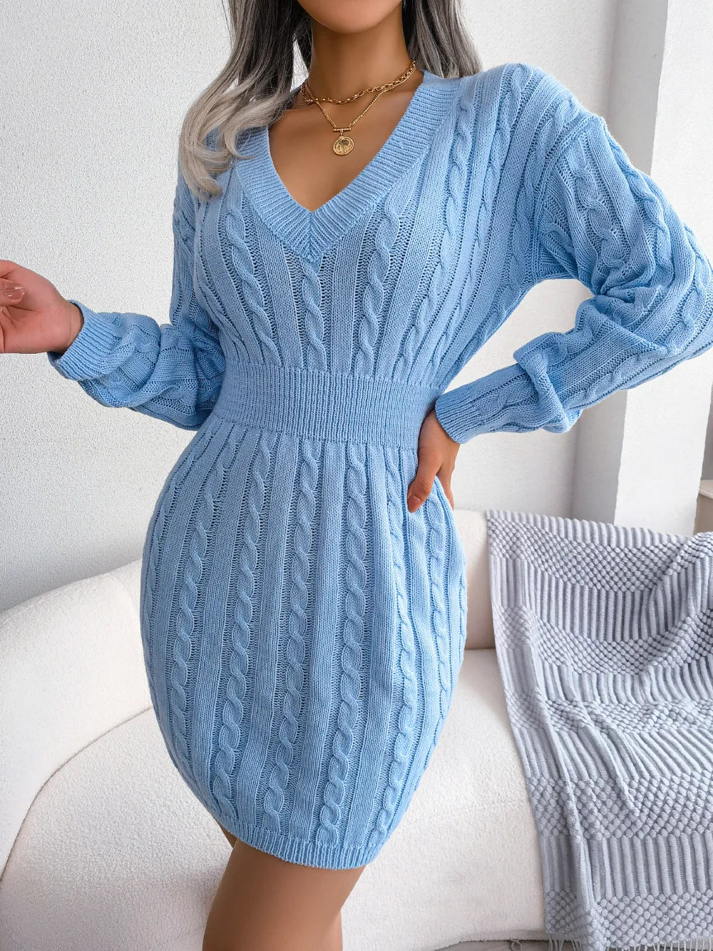 2026 V-Neck Bodycon Knit Dress – Long Sleeve Slim A-Line Autumn Winter Maxi Dress for Women