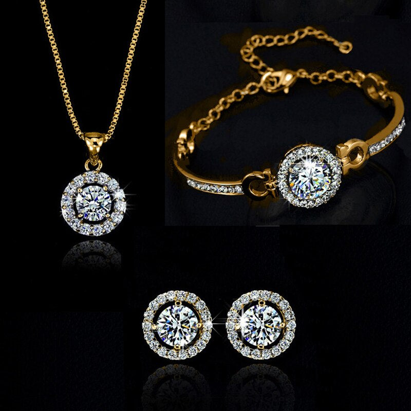 Crystal Necklace Earring Bracelets Ring Jewelry Set - Silver Plated