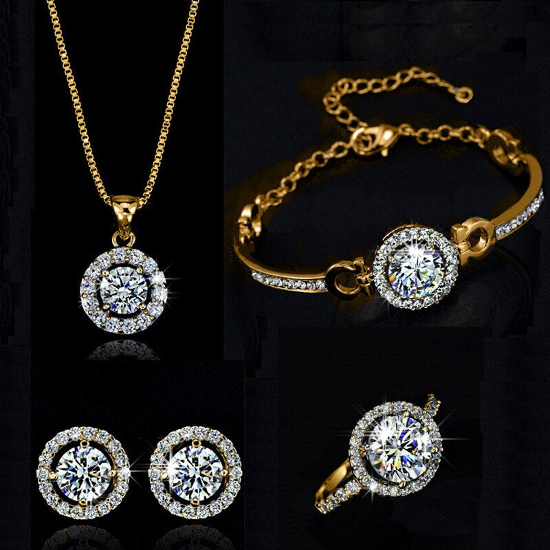 Crystal Necklace Earring Bracelets Ring Jewelry Set - Silver Plated